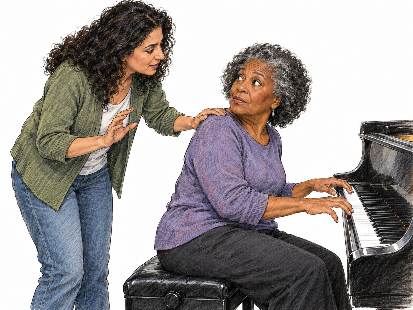 A woman interrupts an older pianist by tapping her shoulder; the pianist turns toward her with both hands paused just above the keys.