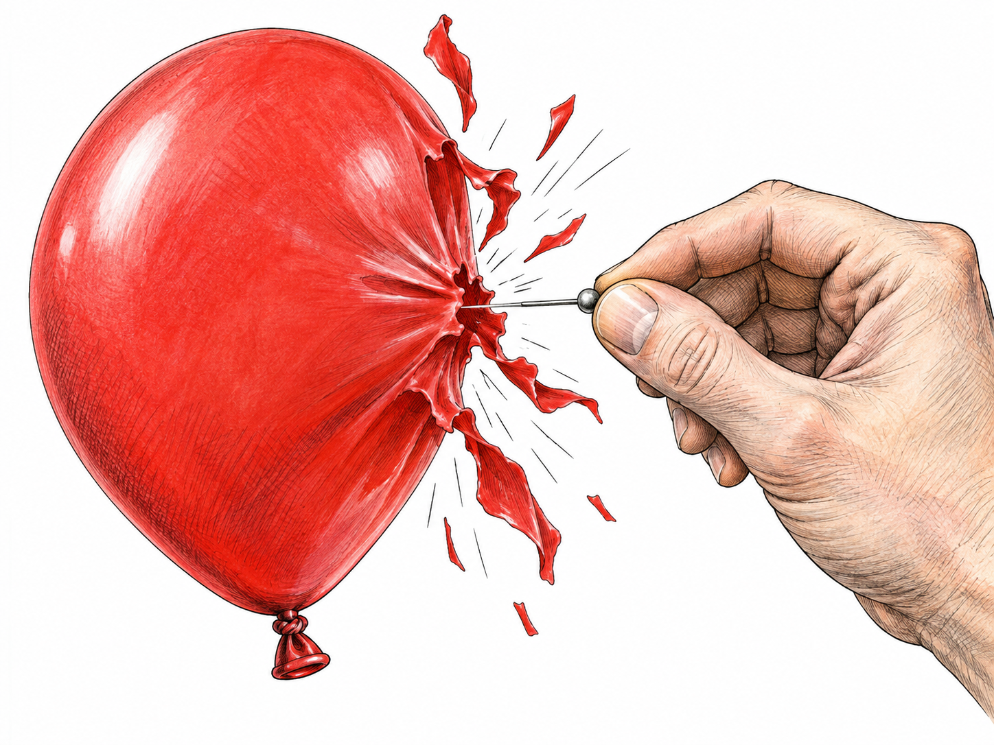 Close view of a small red inflated balloon at the instant it pops: a pin held by one hand just punctures the stretched rubber, torn red latex peels outward from the puncture; short subtle drawn burst strokes only, no words or letters.