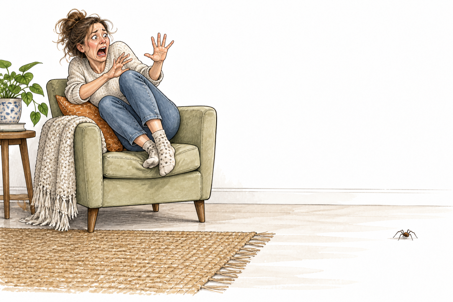 Adult woman recoils intensely from a tiny harmless spider far across the room, chair raised hands and anxious expression, noncomic compassion, no words.