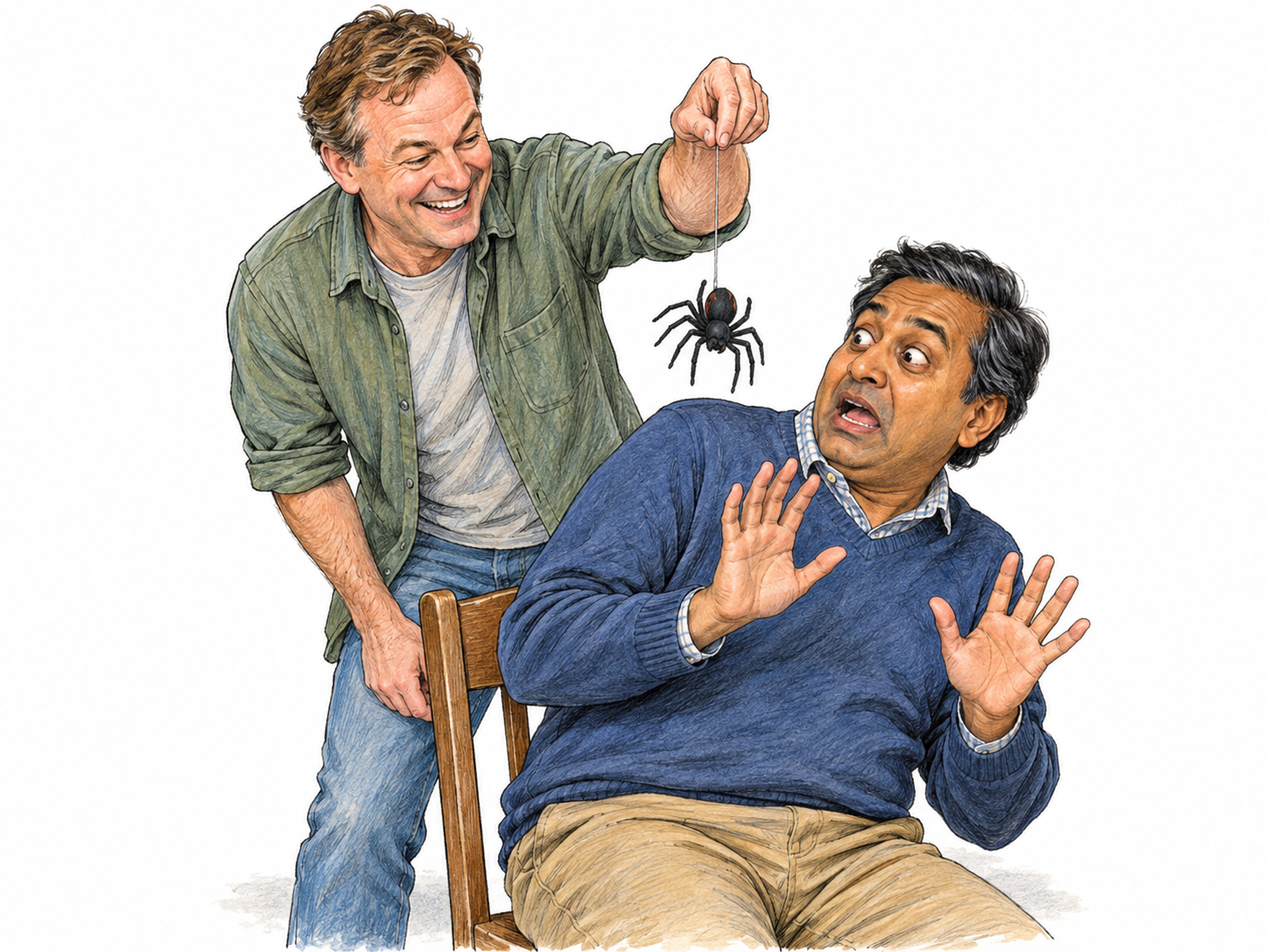 A grinning prankster dangles a large rubber spider beside his unsuspecting friend's shoulder, prompting a startled recoil.