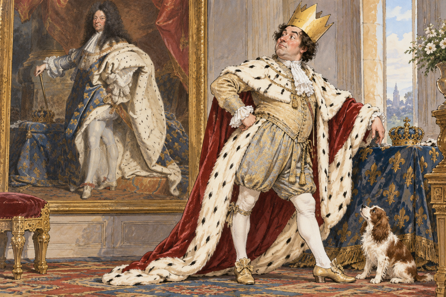 A comic actor humorously imitates an overly grand royal portrait pose with an oversized paper crown and exaggerated posture, original portrait visible behind, no words.