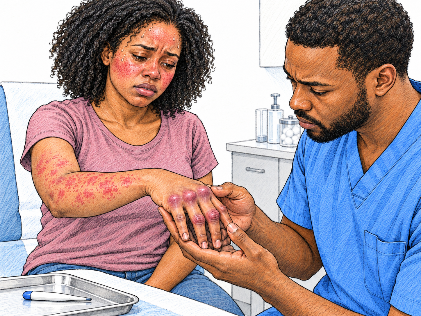 A clinician assesses several simultaneous signs in one patient: a widespread rash, swollen painful finger joints, and feverish perspiration.