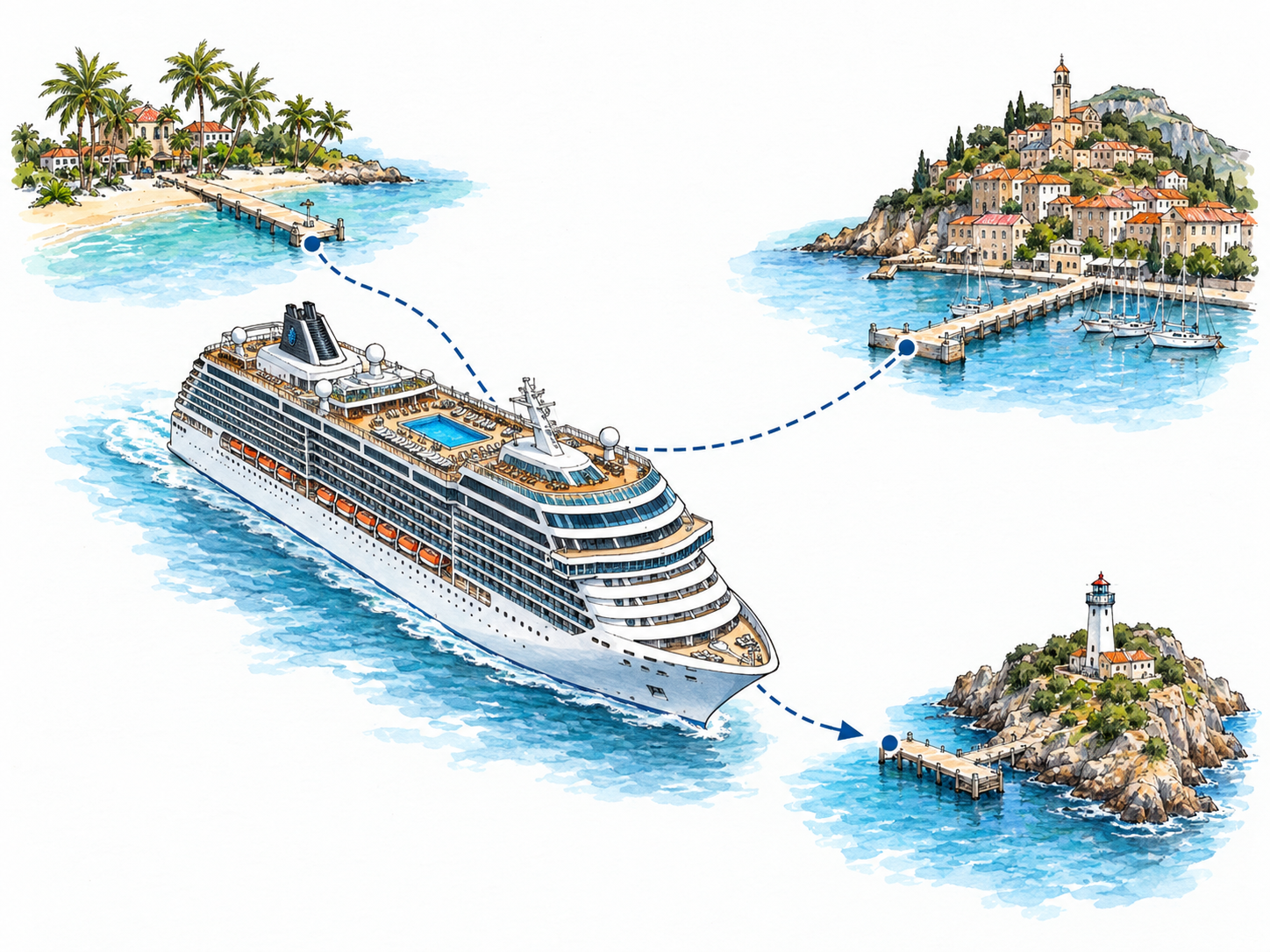 A modern leisure cruise ship follows a dotted itinerary between three distinct coastal ports, making both the holiday voyage and its multiple stops visible.