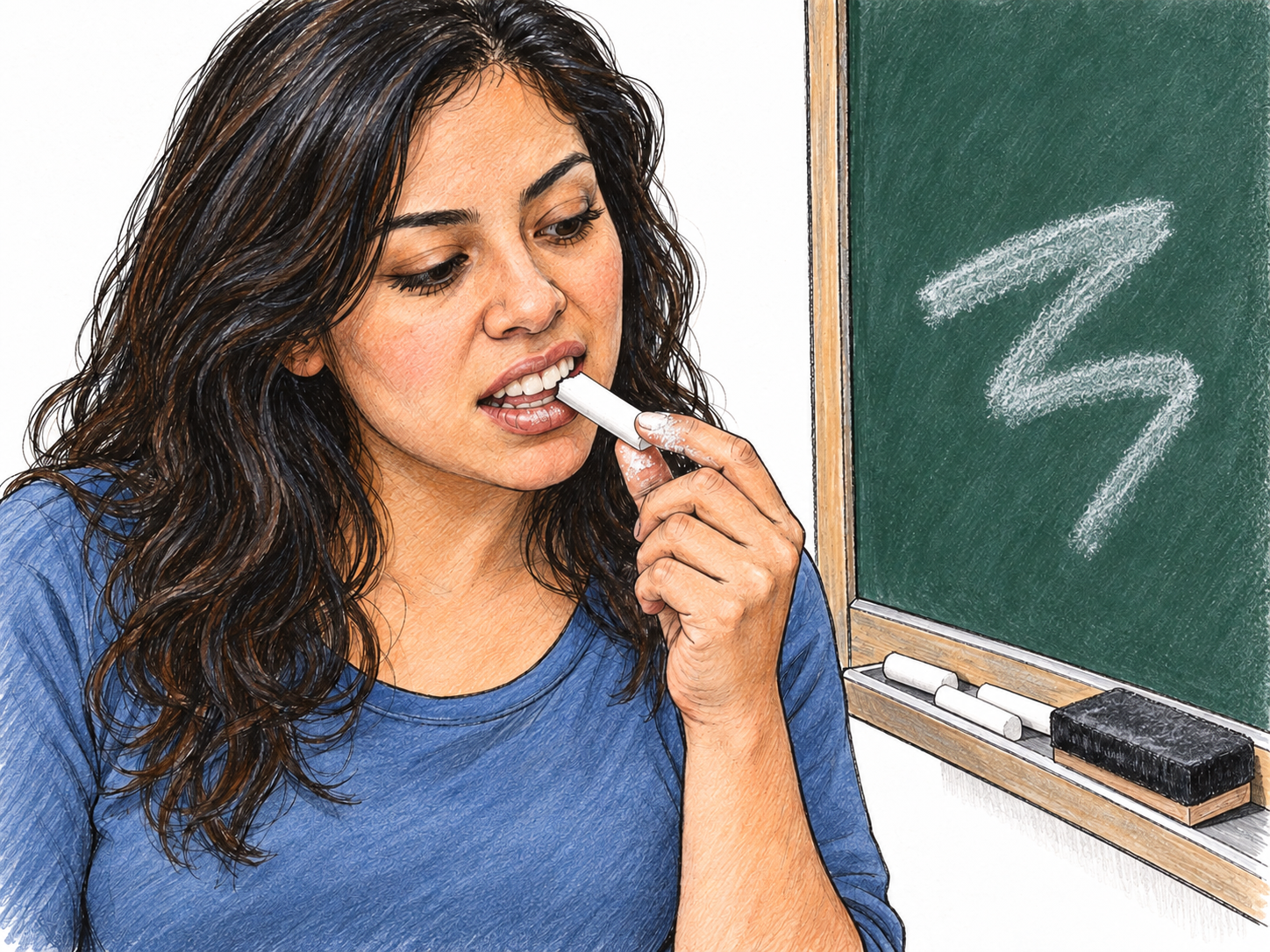A young adult woman brings a stick of classroom chalk to her open mouth to bite it, beside a chalkboard and a tray of matching chalk sticks.
