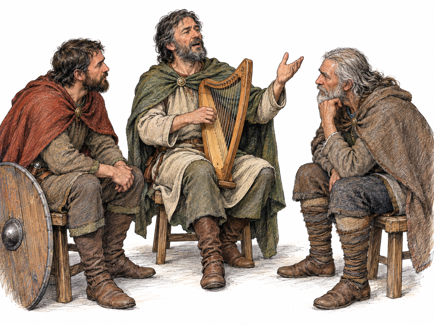 A medieval Welsh bard pauses over a small harp to declaim to two attentive warriors, making the traditional poet-storyteller recognizable through performance, instrument, and audience.