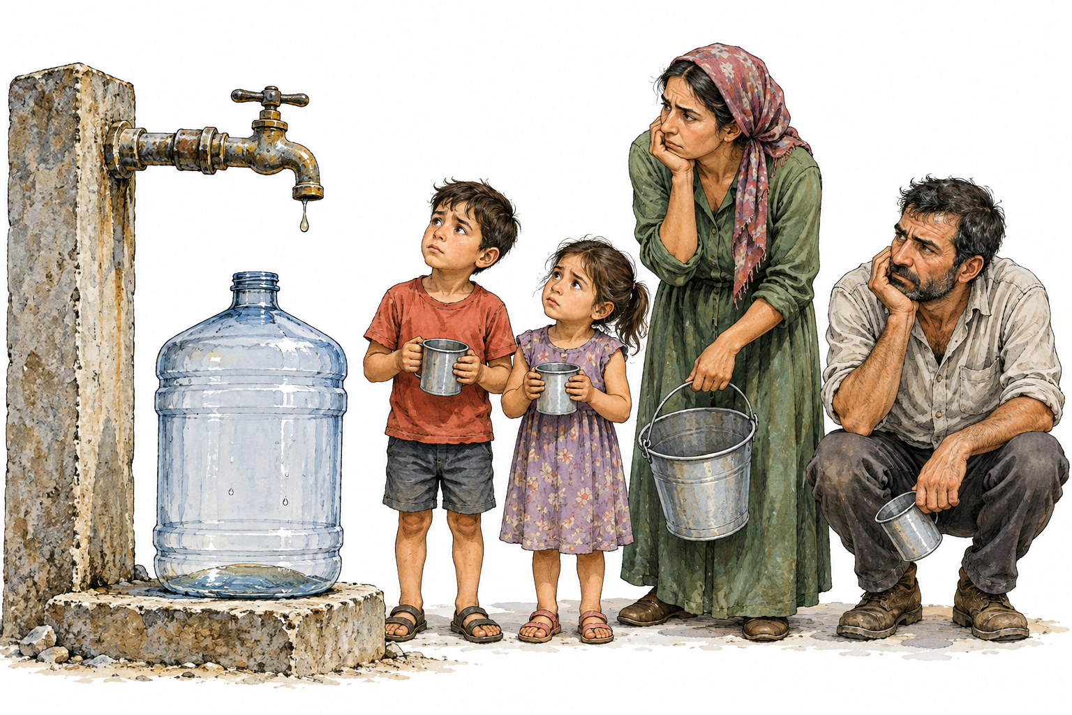 Nearly empty water container and dry tap beside family waiting with cups, lack of needed water.