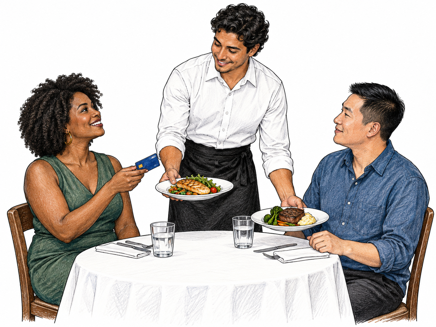 Waiter serves prepared meals at small table while diner offers payment card, clear paid eating establishment.