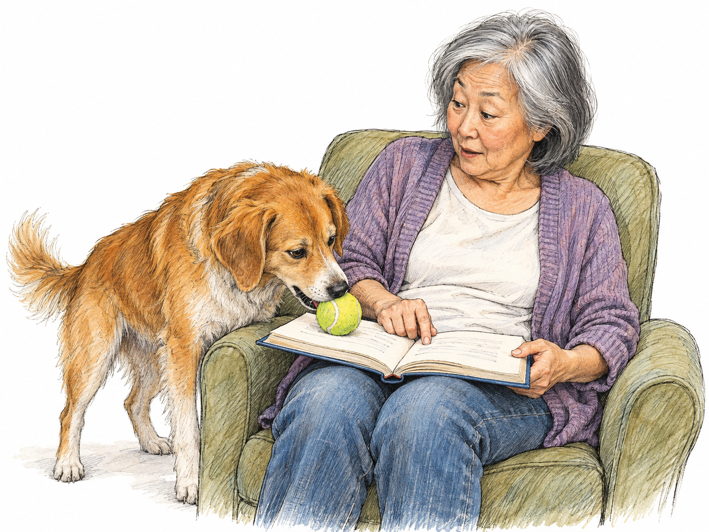 A dog interrupts a woman's reading by placing a tennis ball directly on her open book; she looks up from the page while keeping her finger at her place.