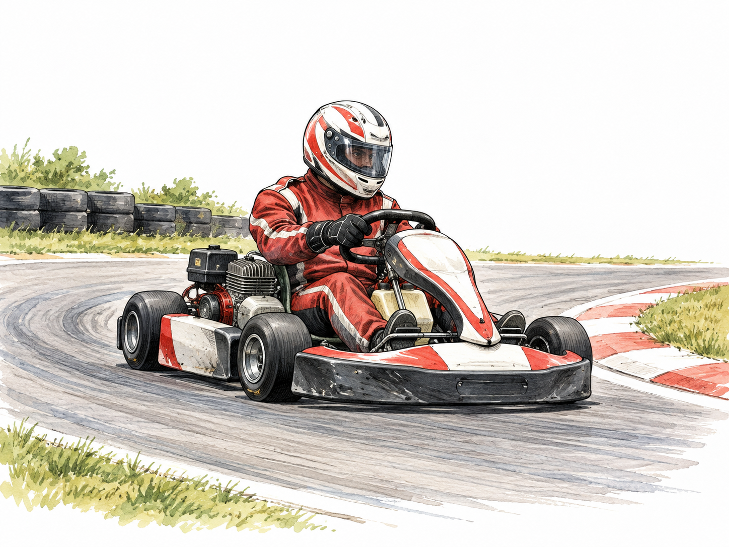 A helmeted adult drives a small go-kart around a safe track.