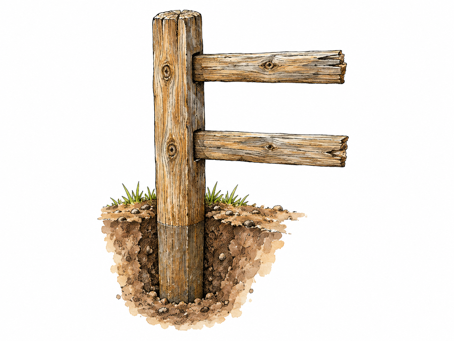 One substantial upright wooden fence post firmly set into a small visible soil cutaway, supporting two short horizontal fence rails that end nearby.