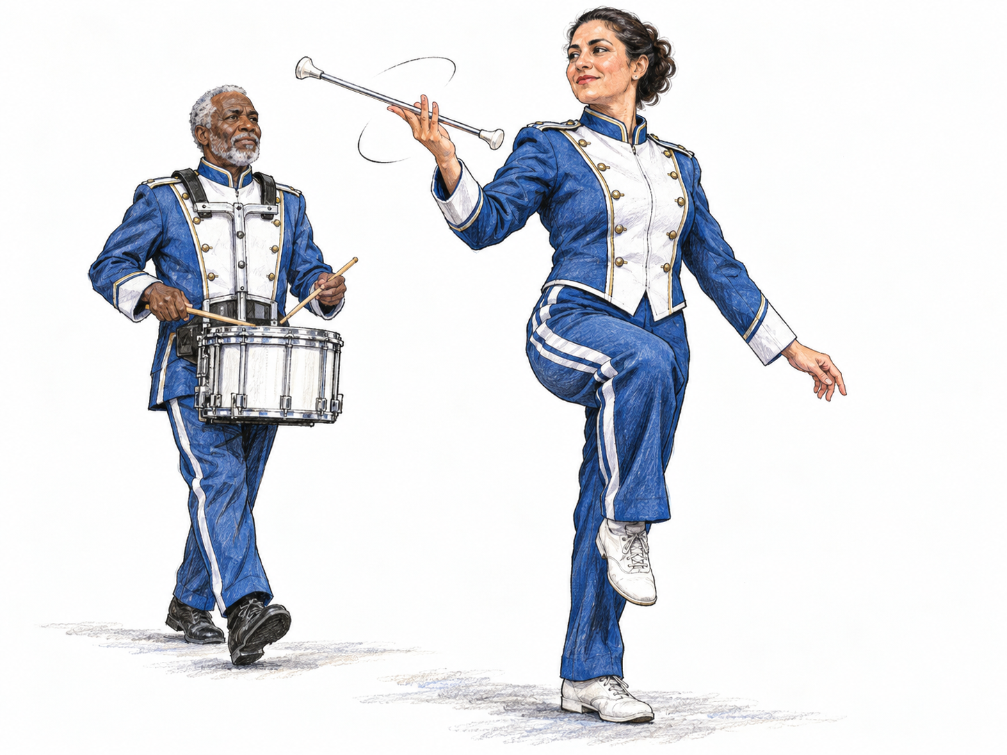 A uniformed majorette twirls a silver baton while marching ahead of a snare drummer, making both the baton performance and marching-band context visible.