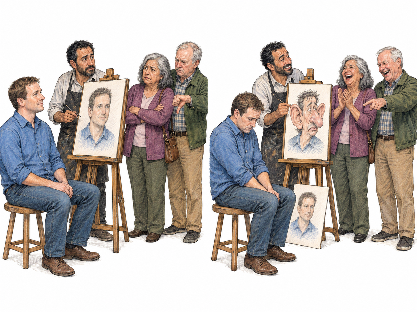 A portrait artist abandons a respectful likeness for a humiliating caricature when onlookers reward cruelty with laughter and applause, visibly catering to their mean-spirited taste for approval.