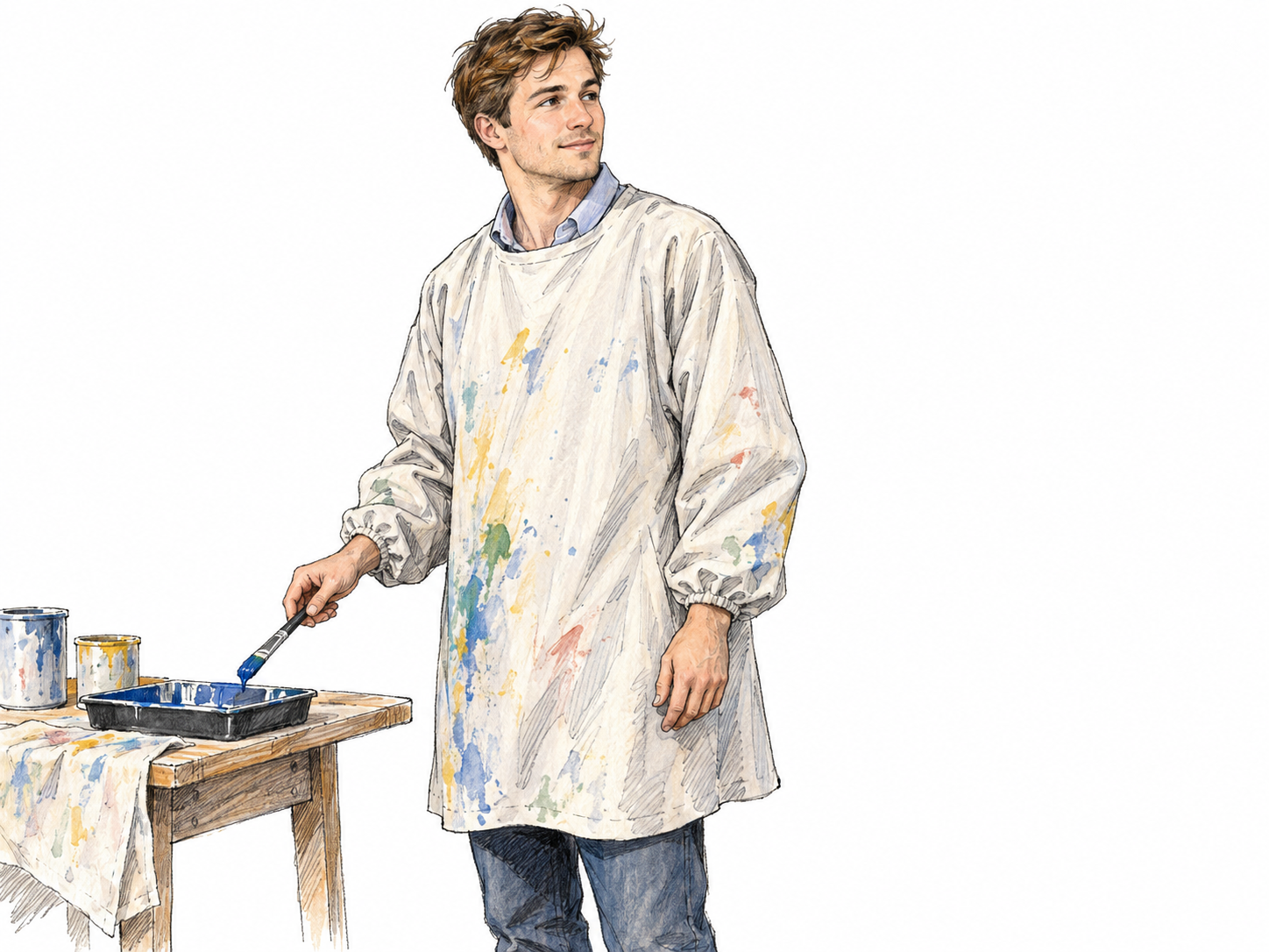 A young adult white man wears a loose, paint-spattered, long-sleeved smock over a clearly visible shirt and trousers while holding a paintbrush beside a small paint tray.
