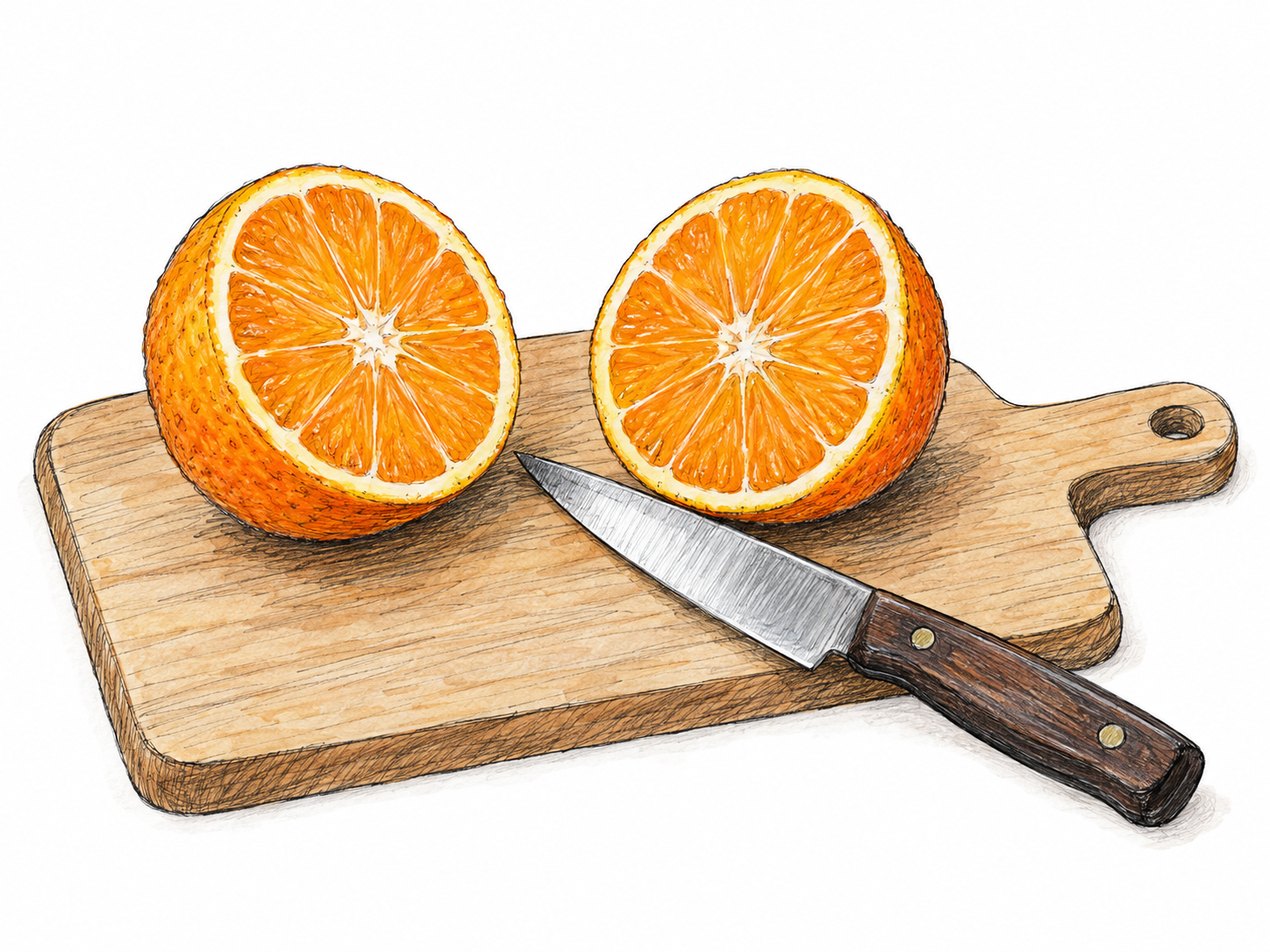 A round orange cut across its center into two equal hemispheres, with both freshly cut faces visible and a plain kitchen knife beside them.