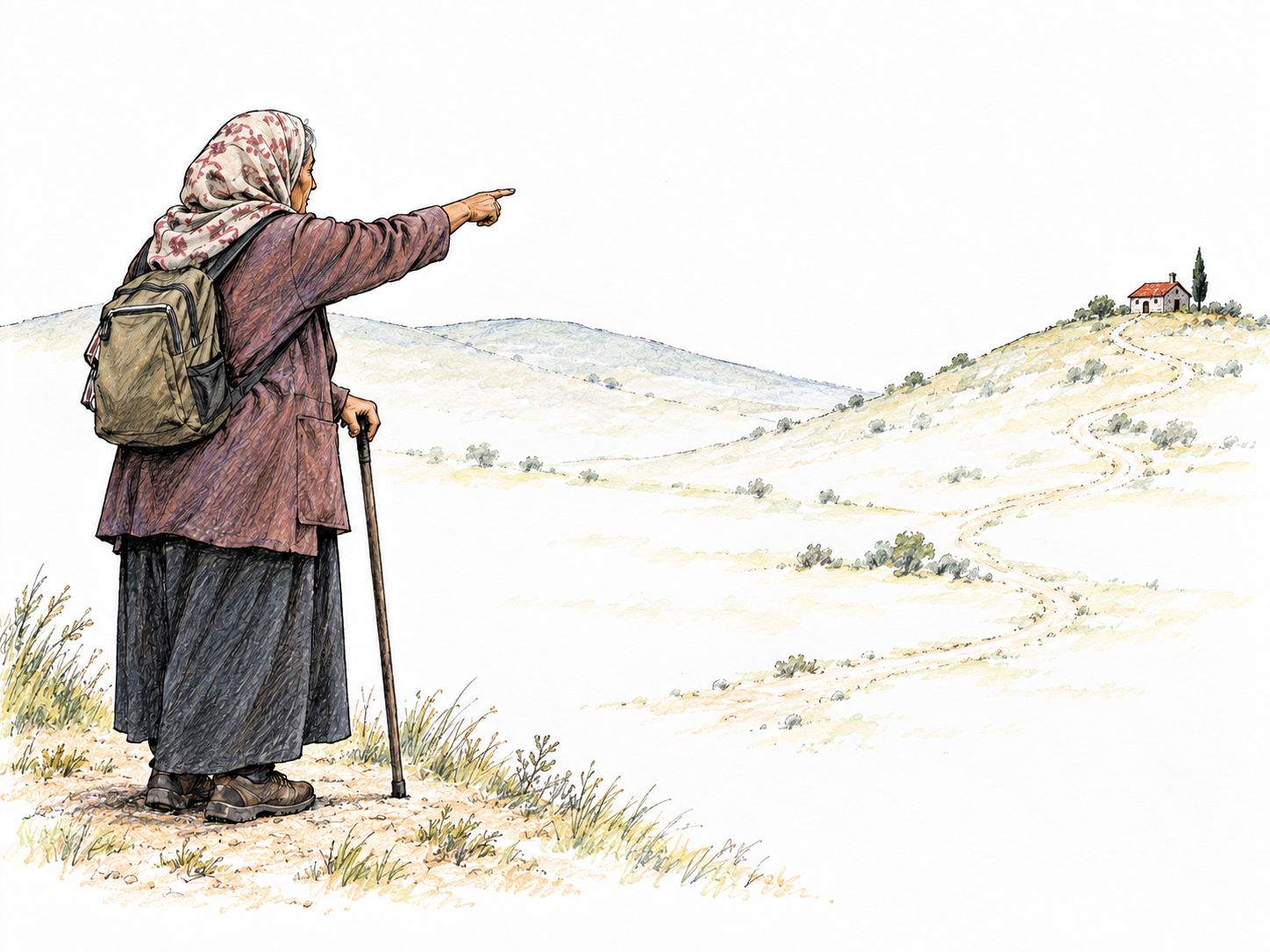 A foreground walker points across a broad open valley toward a small, clearly distant red-roofed cottage on the opposite hill.