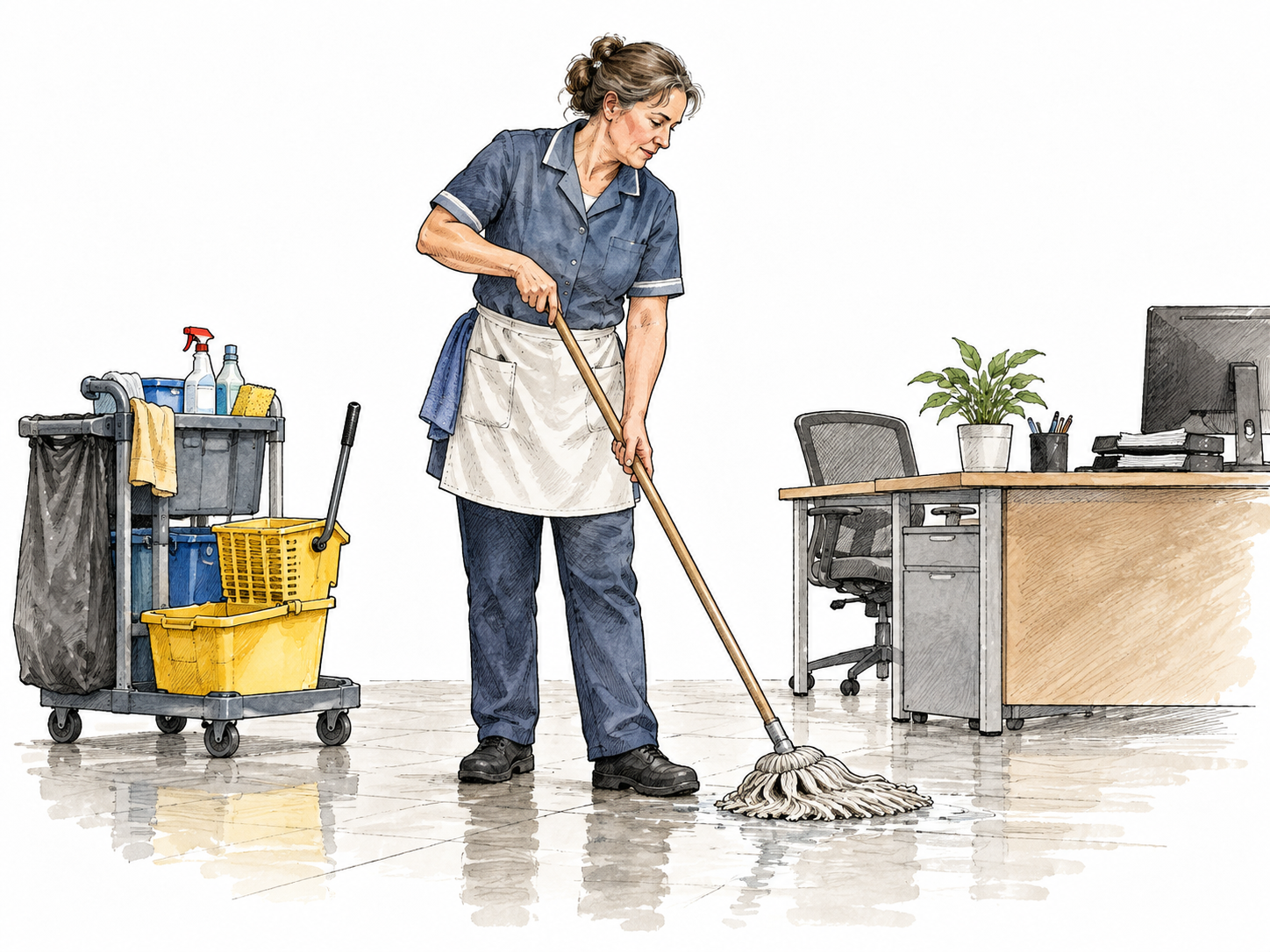 A middle-aged white female cleaner mops an office floor with organized cleaning supplies.