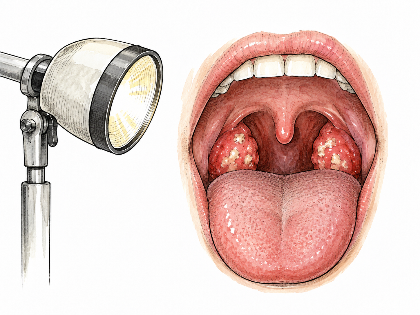 A non-graphic clinical throat model with inflamed tonsils beside a physician's examination light.