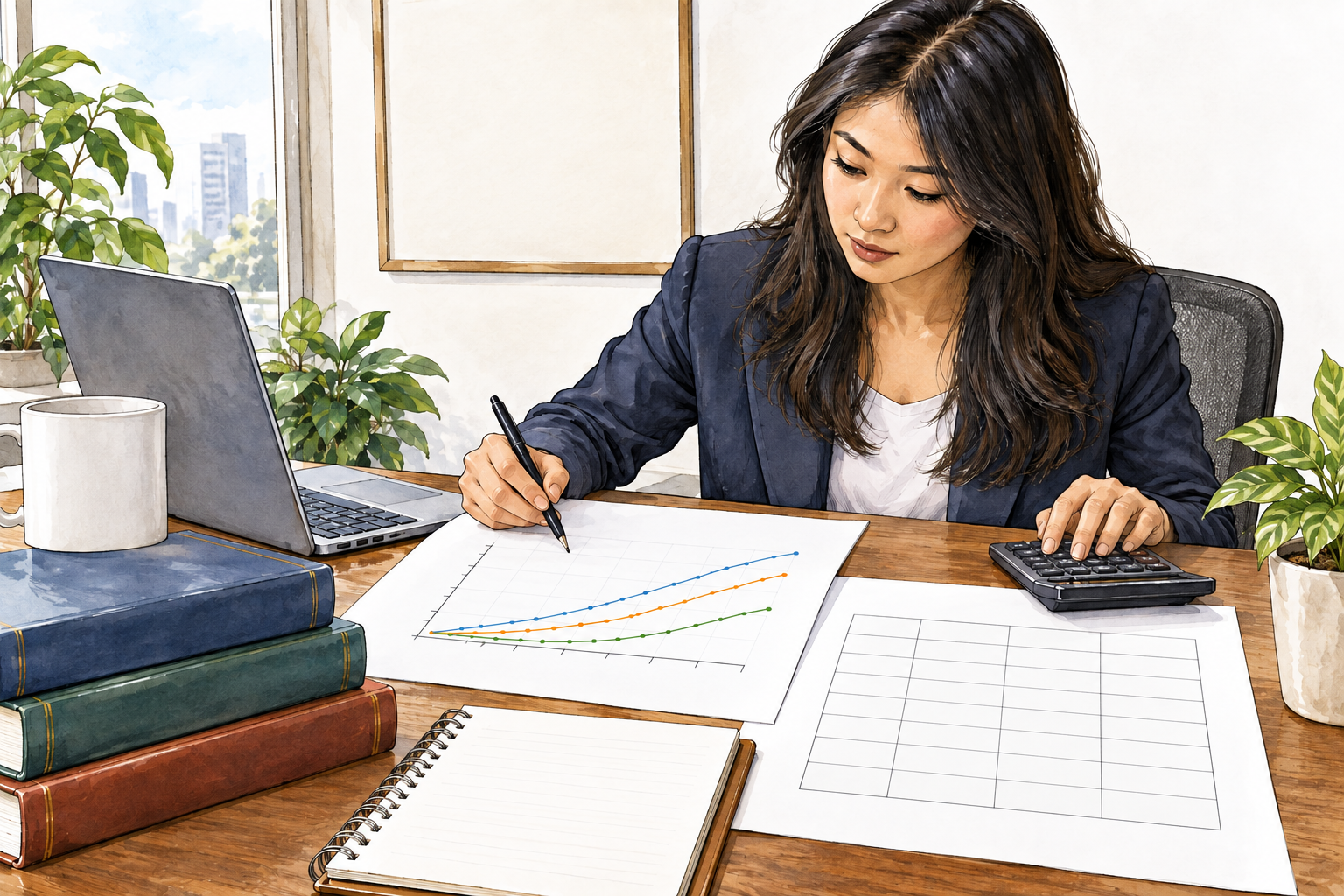 An actuary analyzes an insurance risk chart, probability table and calculator at a desk; no real personal information.