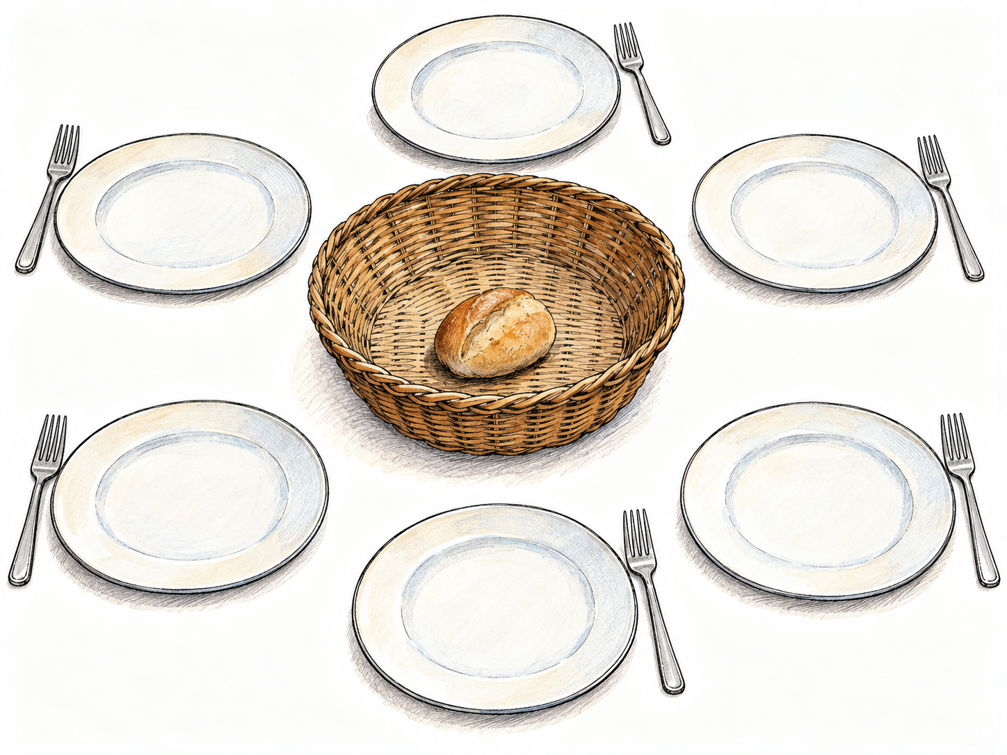 An almost empty bread basket holding one small roll sits among six empty dinner plates, making the scant supply relative to the places immediately visible.