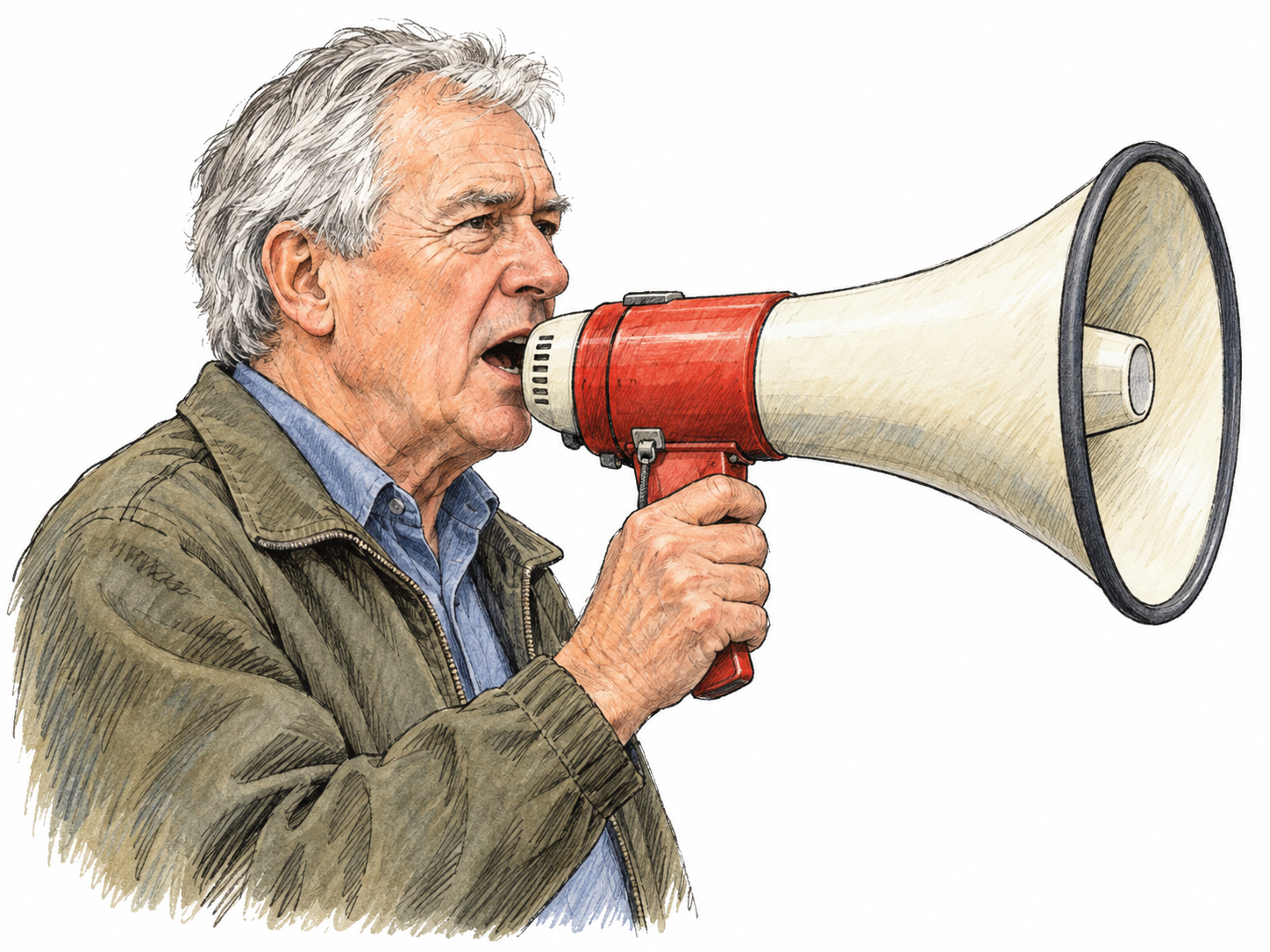 An older man speaking into a clearly recognizable handheld megaphone, with its broad horn prominently facing outward.