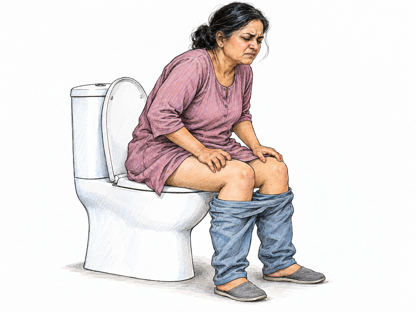 A fully non-graphic bathroom scene showing a woman seated on a toilet, visibly straining with discomfort: torso leaning forward, feet firmly planted, hands braced on her thighs, brows drawn and lips pressed tight.