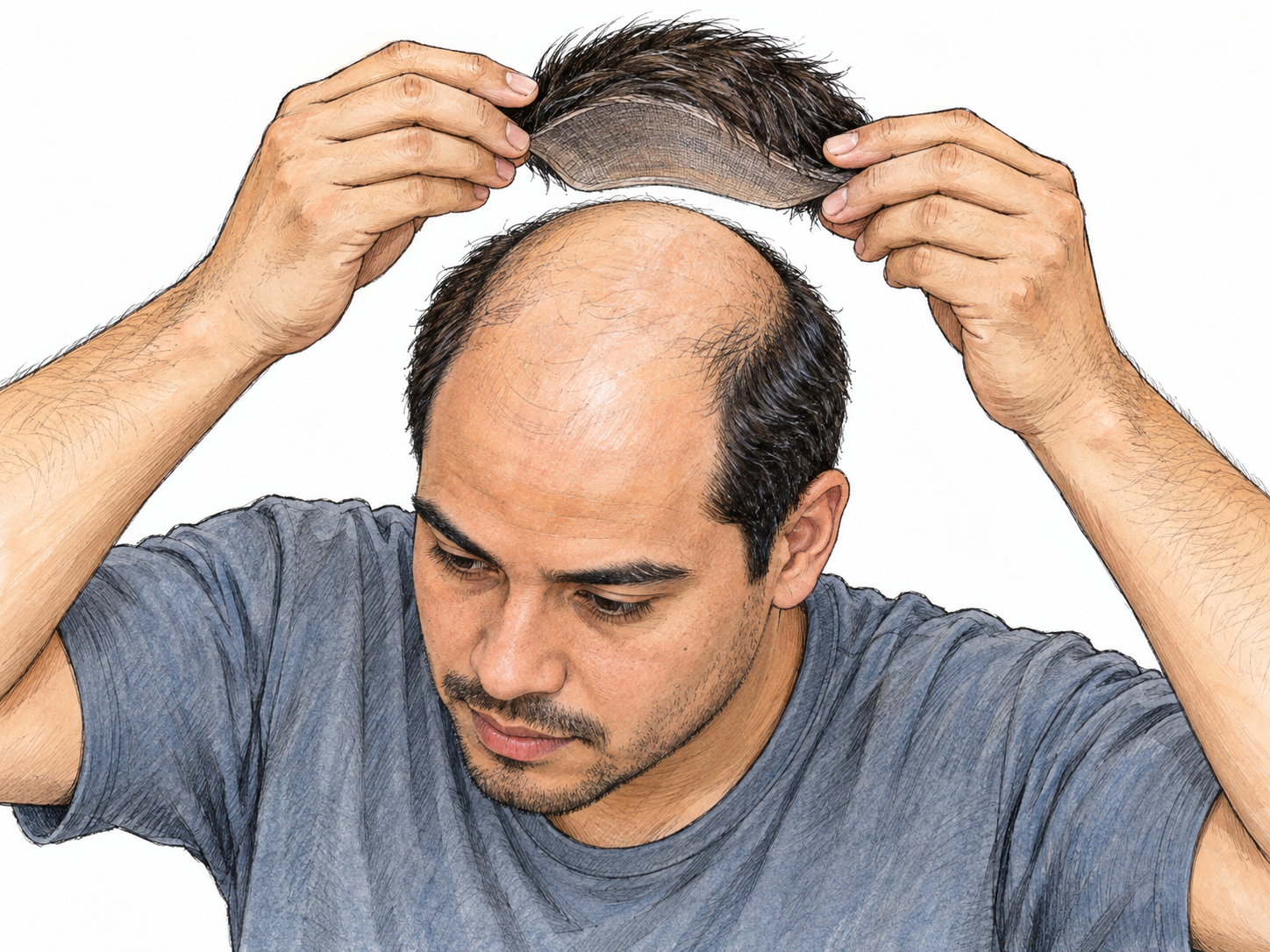 A balding young adult man positions a small toupee just above his bare crown, showing both the hairpiece’s thin underside and the bald patch it will cover.