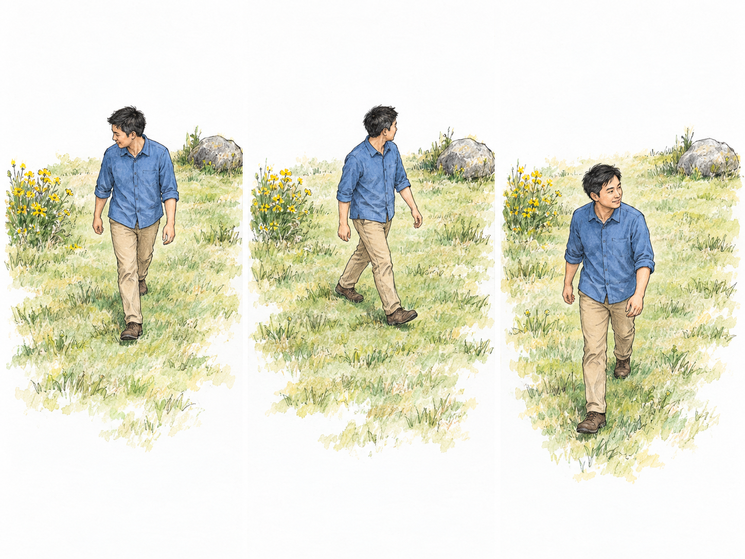 A compact three-moment sequence shows the same man strolling freely around an open meadow, changing direction to look at different features rather than following a path or heading toward a destination.