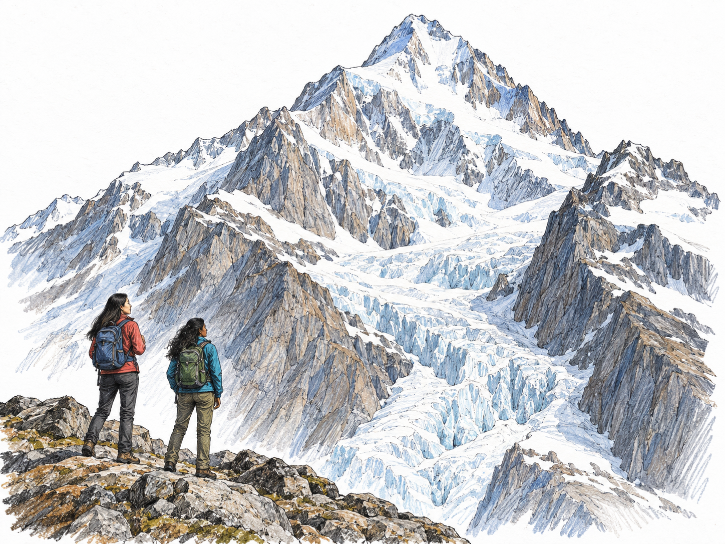 Tiny hikers face a towering snowy mountain massif.