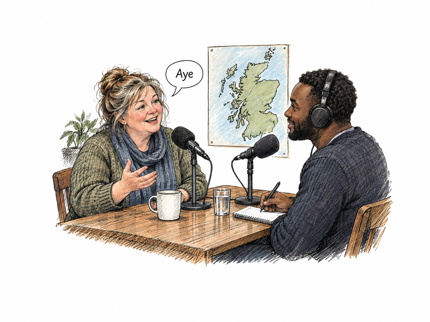 An ordinary Scottish woman speaks warmly to a visitor at a small radio interview table, with one compact plain outline map of Scotland as a geographic cue.