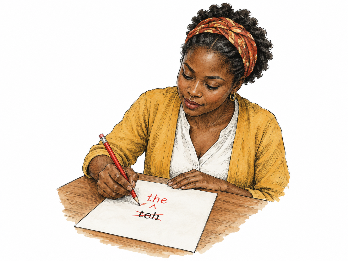An editor uses a red pencil to correct the printed functional example “teh” to “the” on one small sheet, clearly crossing out the transposed spelling and inserting correct spelling above.