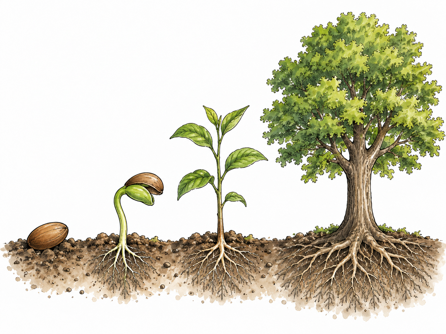 Ordered sequence of seed, sprout, sapling, mature tree.