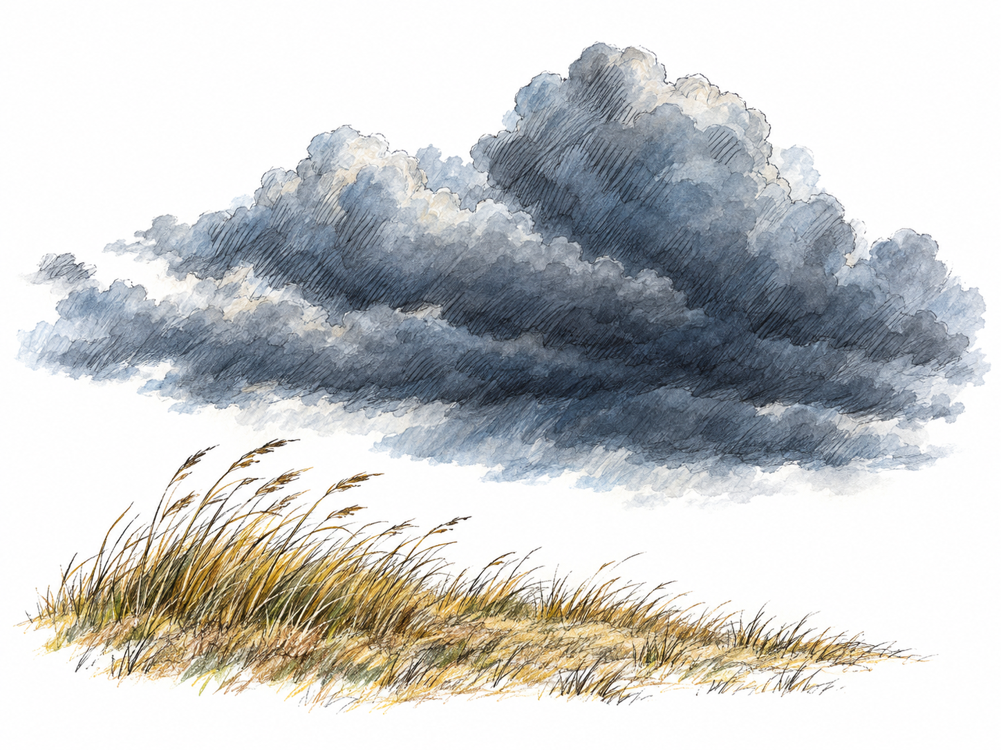 Dark storm clouds gathering above a small patch of wind-bent grass presage an approaching storm, while the ground remains dry and no rain has yet begun.