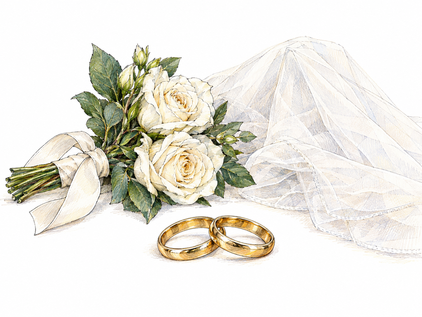Two wedding bands beside a small bridal bouquet and a folded, sheer wedding veil: a simple still life of objects relating directly to a wedding.
