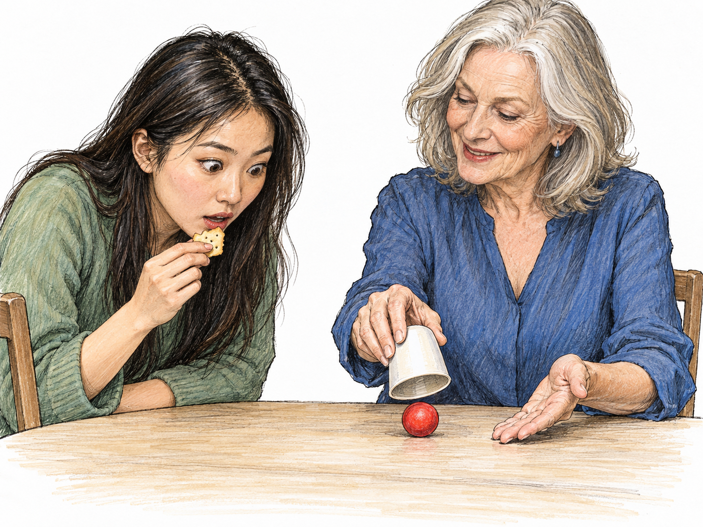A young woman is riveted by an older magician's close-up performance: she leans forward with wide, unwavering eyes fixed on a tiny ball appearing beneath a lifted cup, her snack paused halfway to her mouth.