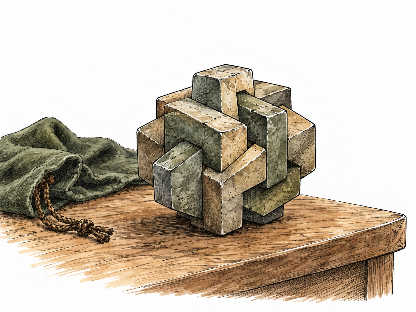 A mysterious geometric stone puzzle with hidden interlocking parts sits unopened on a table.