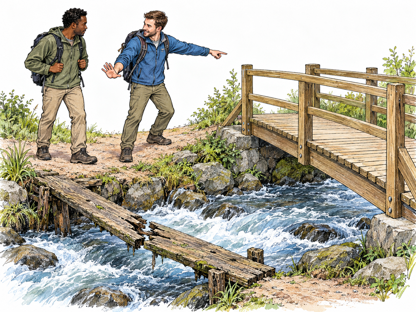 A walker exercises sensible judgment by steering his companion away from a visibly unsafe stream crossing and toward a nearby sound footbridge.
