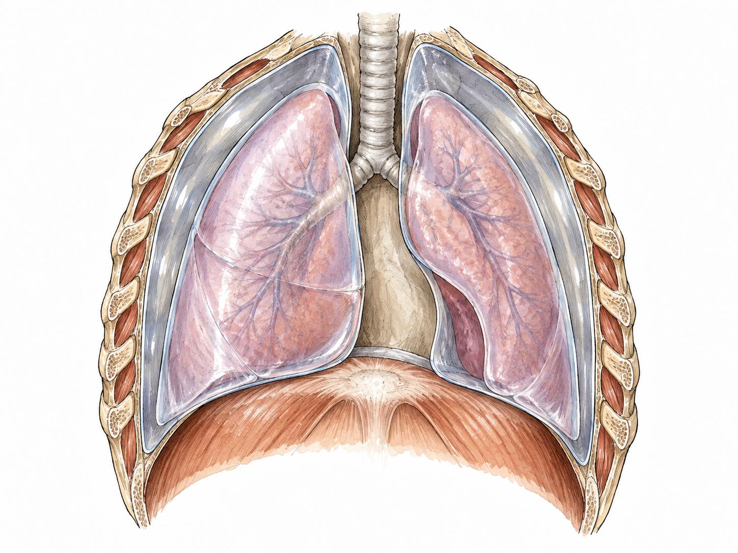 A non-graphic anatomical teaching model of lungs with thin translucent pleural membrane and chest lining visible.