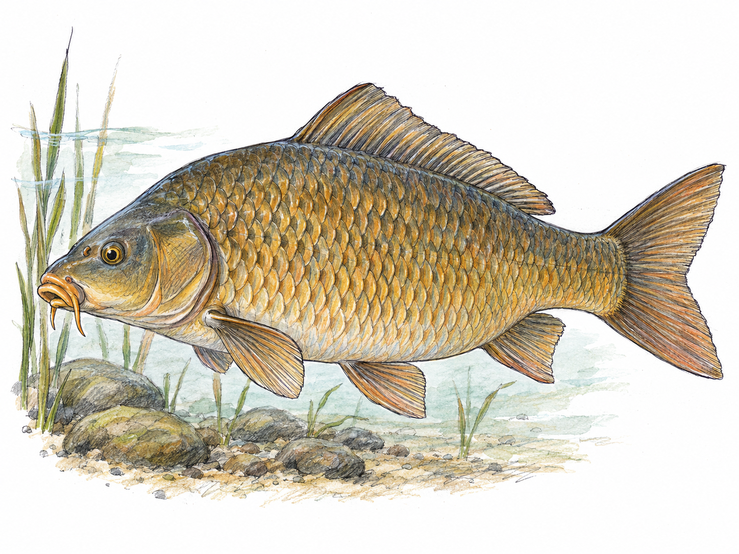 A single large common carp swimming in side profile through a shallow freshwater pond, with a few submerged reeds and smooth stones establishing its habitat.