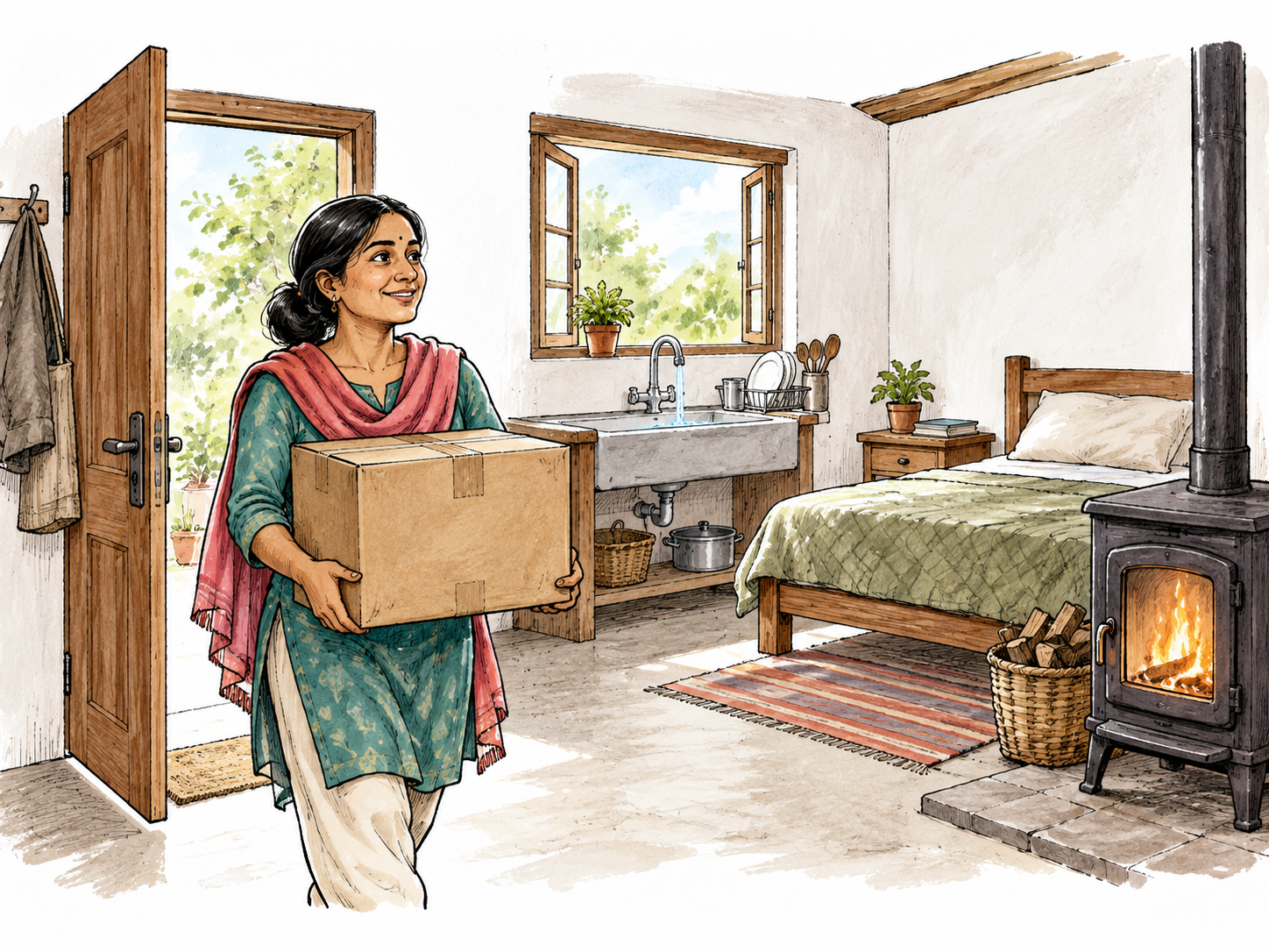 A modest structurally sound home interior with a dry intact roof, open daylight window, clean running water at a sink, bed and warm stove; adult South Asian woman bringing a small moving box inside.