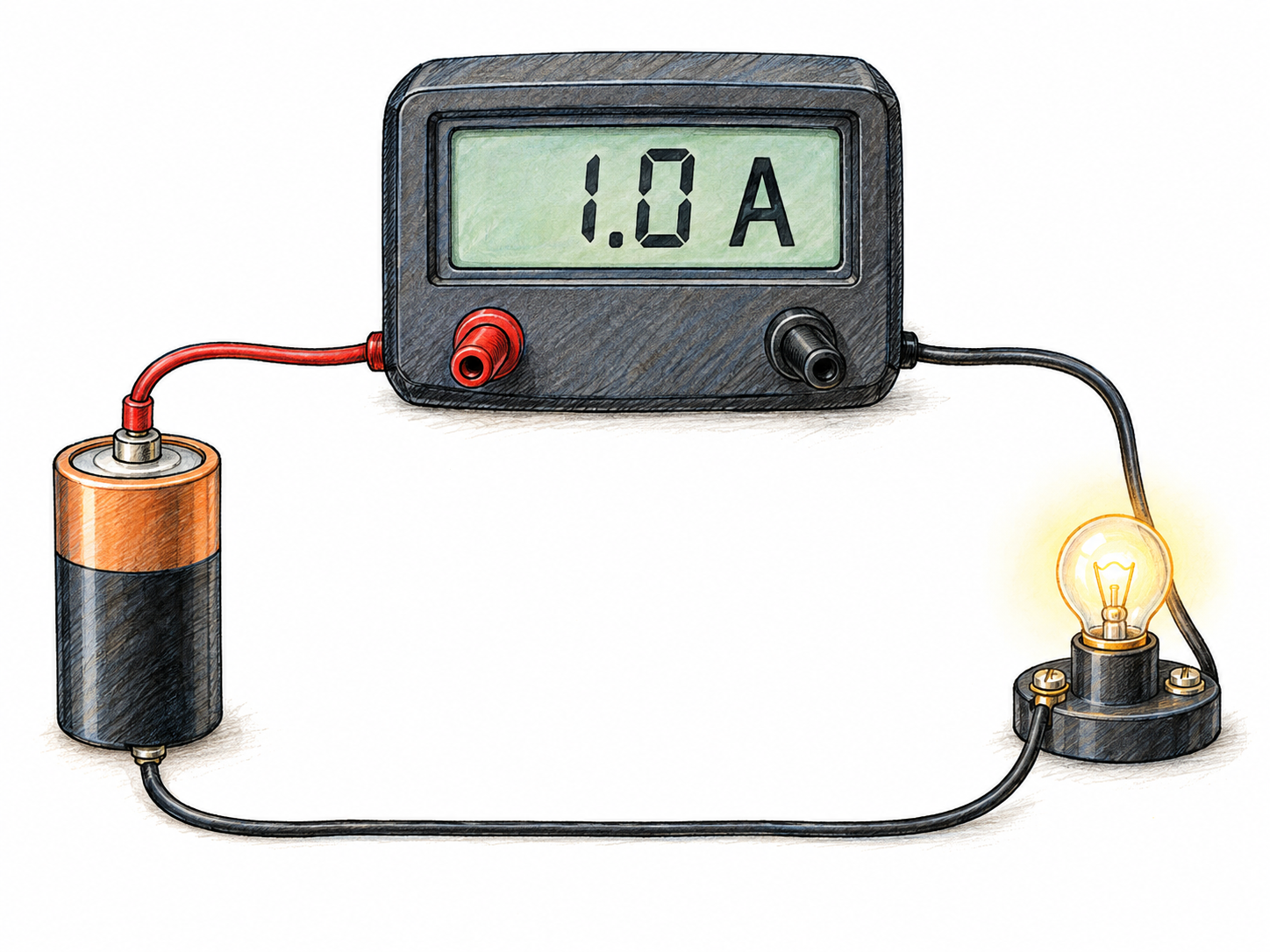 A simple closed battery-and-bulb circuit with a prominent inline digital ammeter reading “1.0 A,” making the electrical current unit visible on the measuring instrument itself.