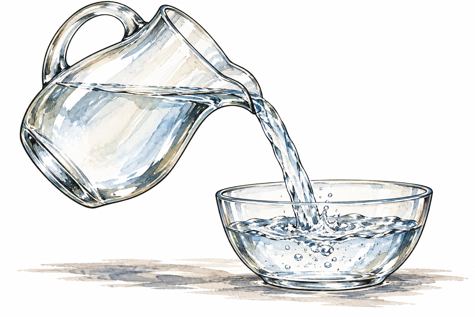 Clear water flows from glass pitcher into low glass bowl and takes its shape, no text.