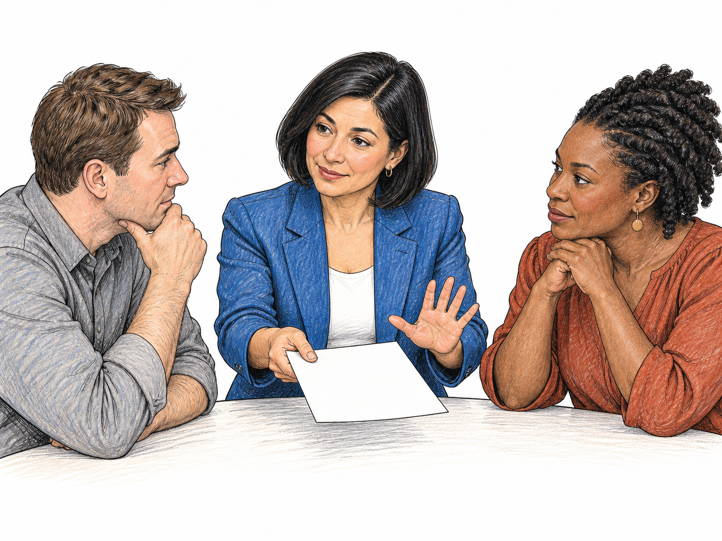 Tactful mediator gently intervenes between two disagreeing adults, calm open palms and considerate expression, subtly offers shared blank paper to redirect discussion.