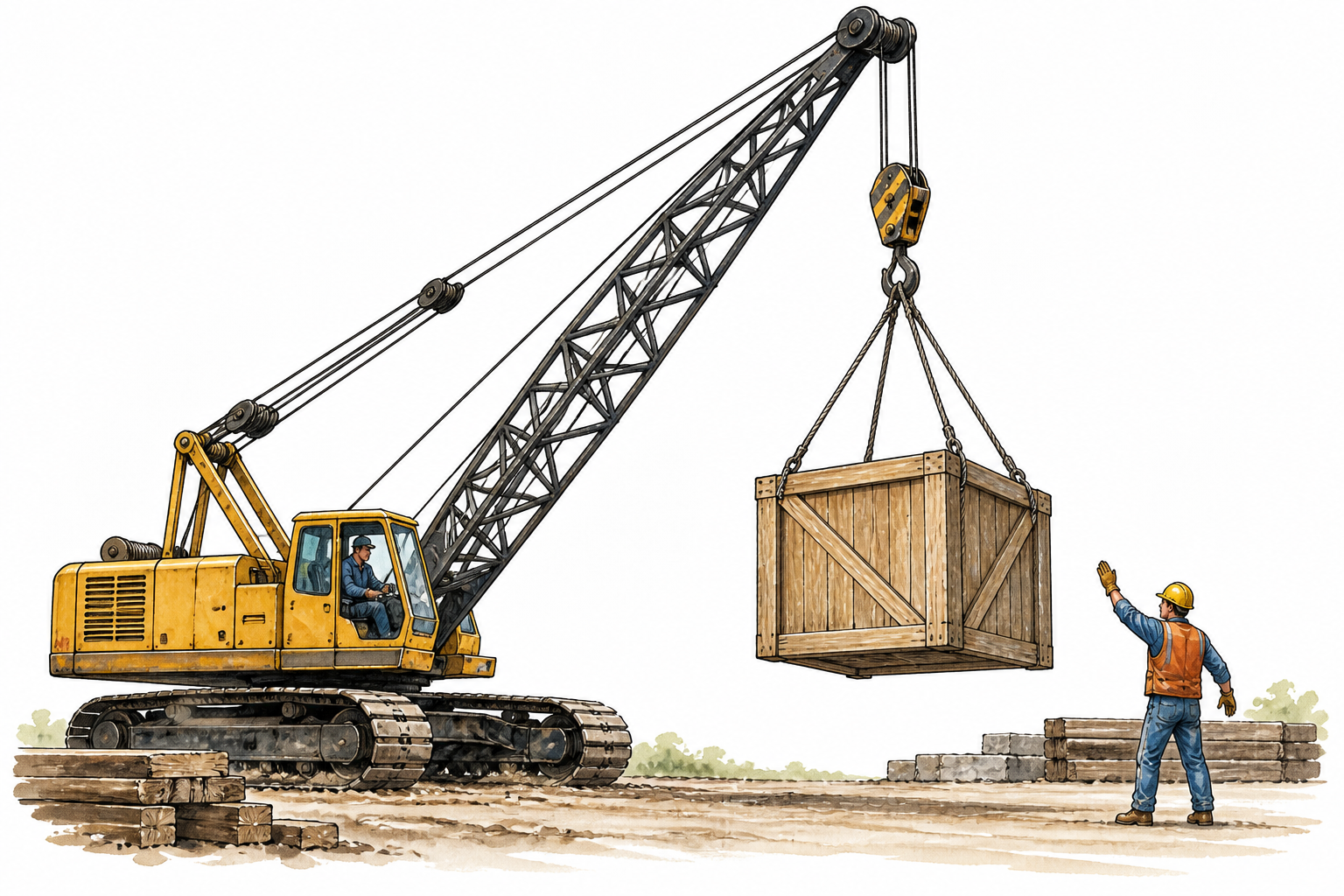 A crane hoists a heavy crate vertically with taut ropes, clear lifting action.
