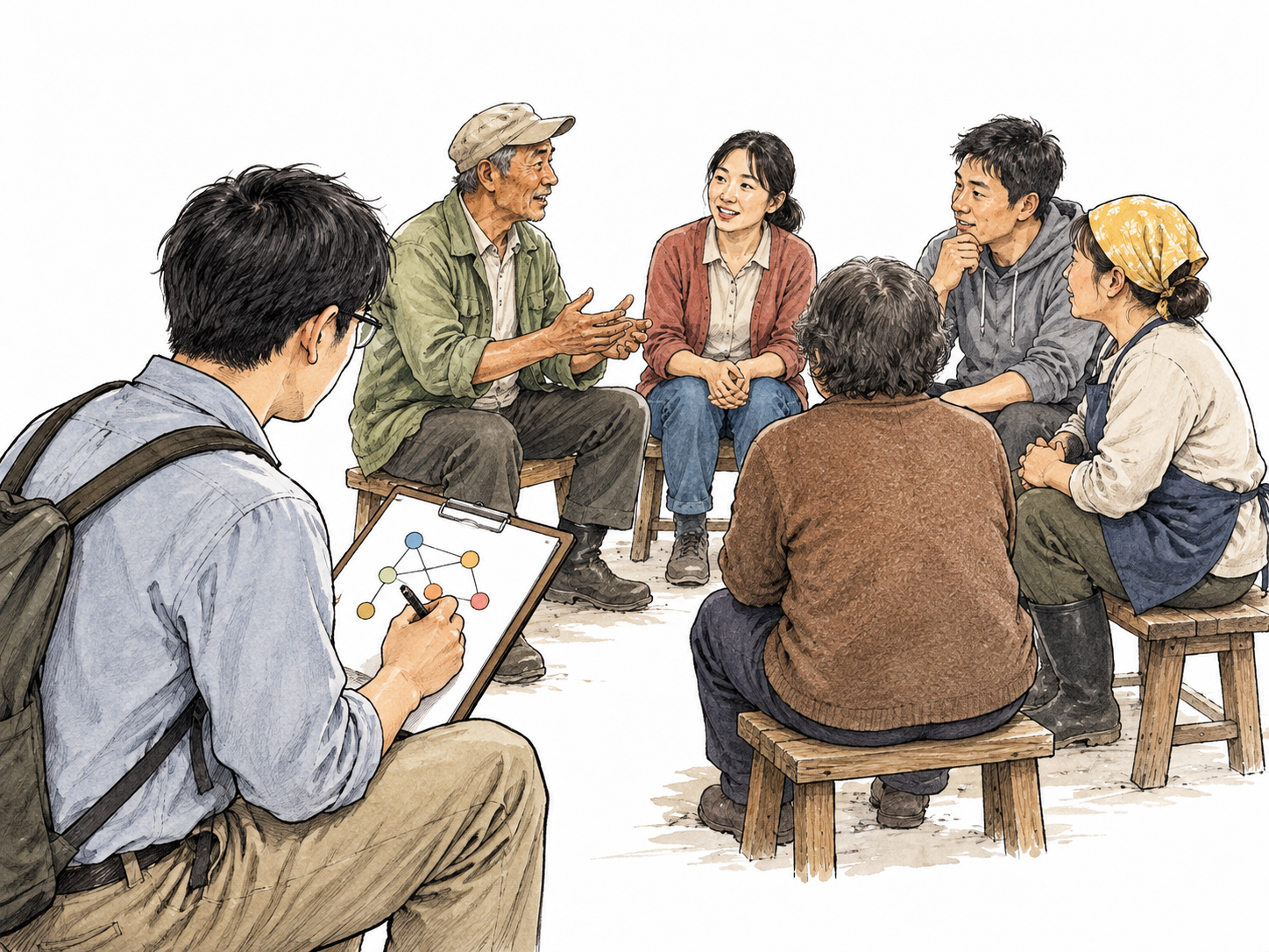 A sociologist observes a small community meeting and records simple unlettered network dots on a clipboard, study of social interaction rather than spying.