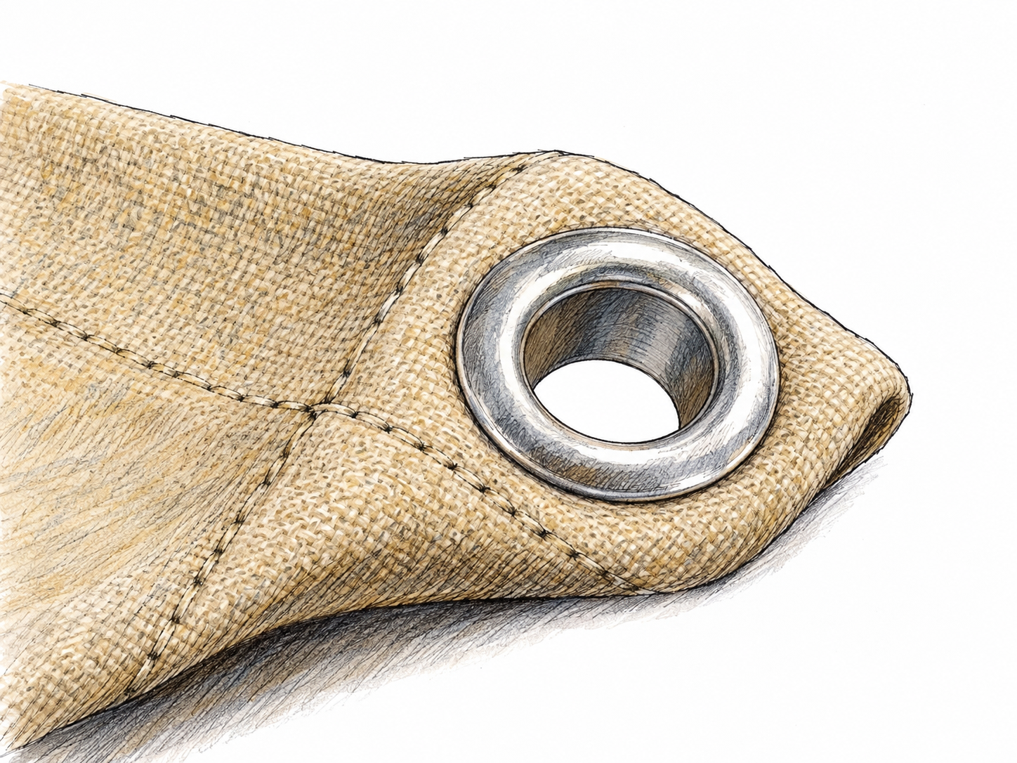 Close-up of a metal grommet securely fitted through a hole in a folded canvas edge, with its rounded flange visibly enclosing and reinforcing the fabric opening.
