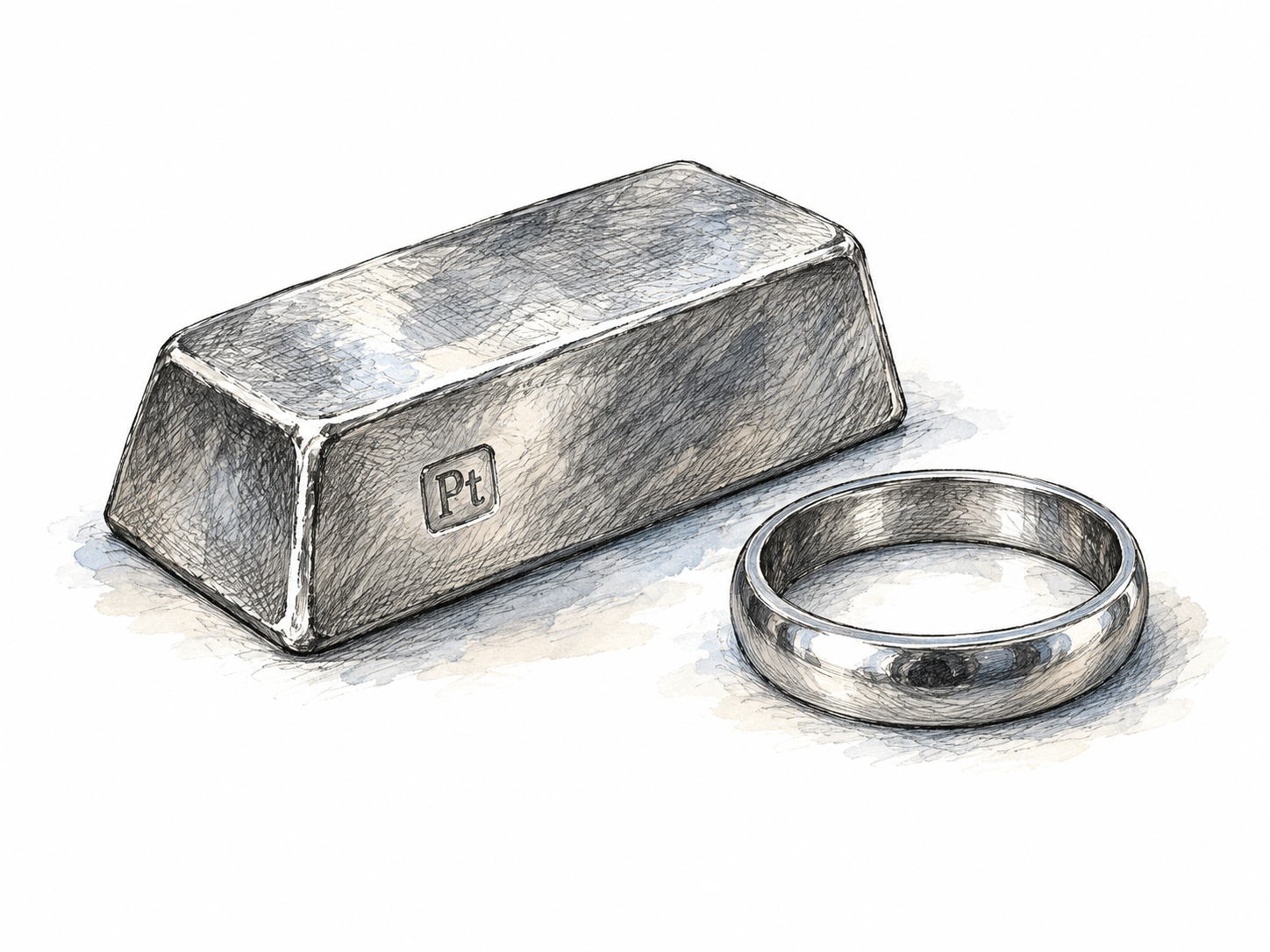 A dense silvery platinum ingot with only a small essential Pt hallmark beside a plain platinum ring, muted cool metallic luster, no gold, gems, numbers or promotional marks.