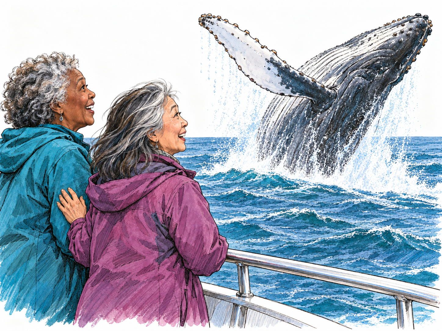 Two older friends stand transfixed on a whale-watching boat as a humpback whale breaches nearby—an extraordinary shared encounter visibly worth remembering.