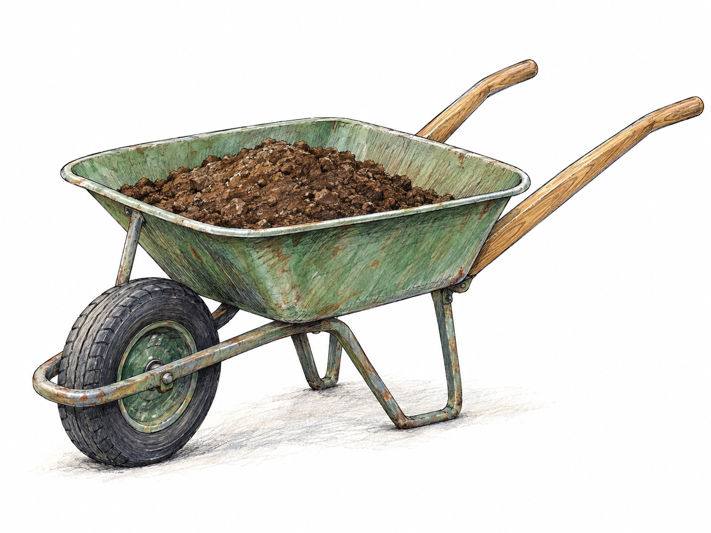 A small wheelbarrow carrying a modest load of soil, shown in three-quarter view so its single wheel, two handles, shallow tray, and resting legs clearly establish a handcart for carrying loads.