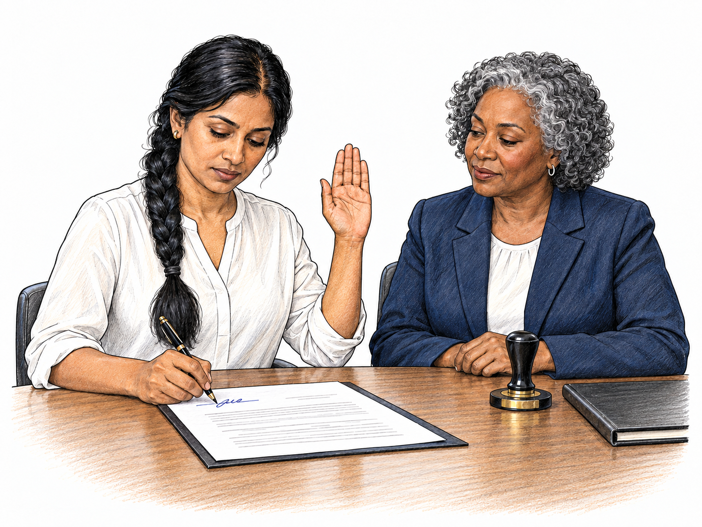 Witness signs sworn statement at small office table while raising other hand in oath beside notary with seal; focus on person giving written sworn evidence, only signature squiggle not words.