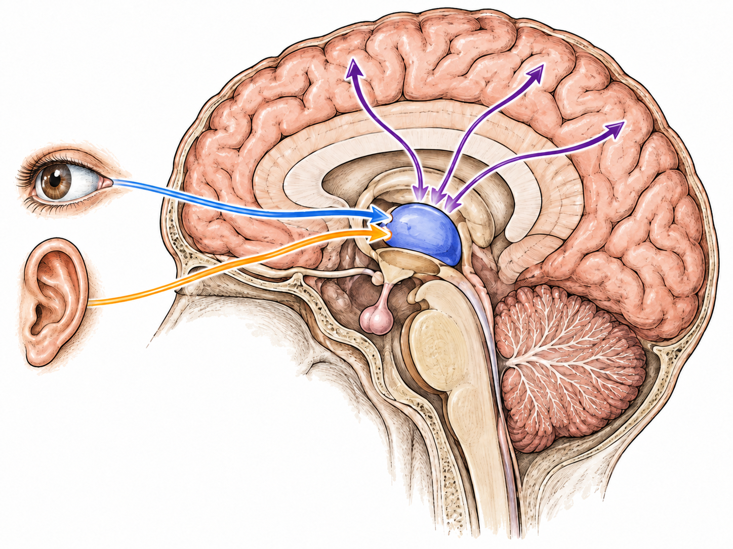 A clean brain cutaway based on the approved anatomical reference highlights the thalamus centrally above the brainstem; fine arrows connect an eye and ear cue through it toward cortex, showing signal relay without implying every sensory pathway.